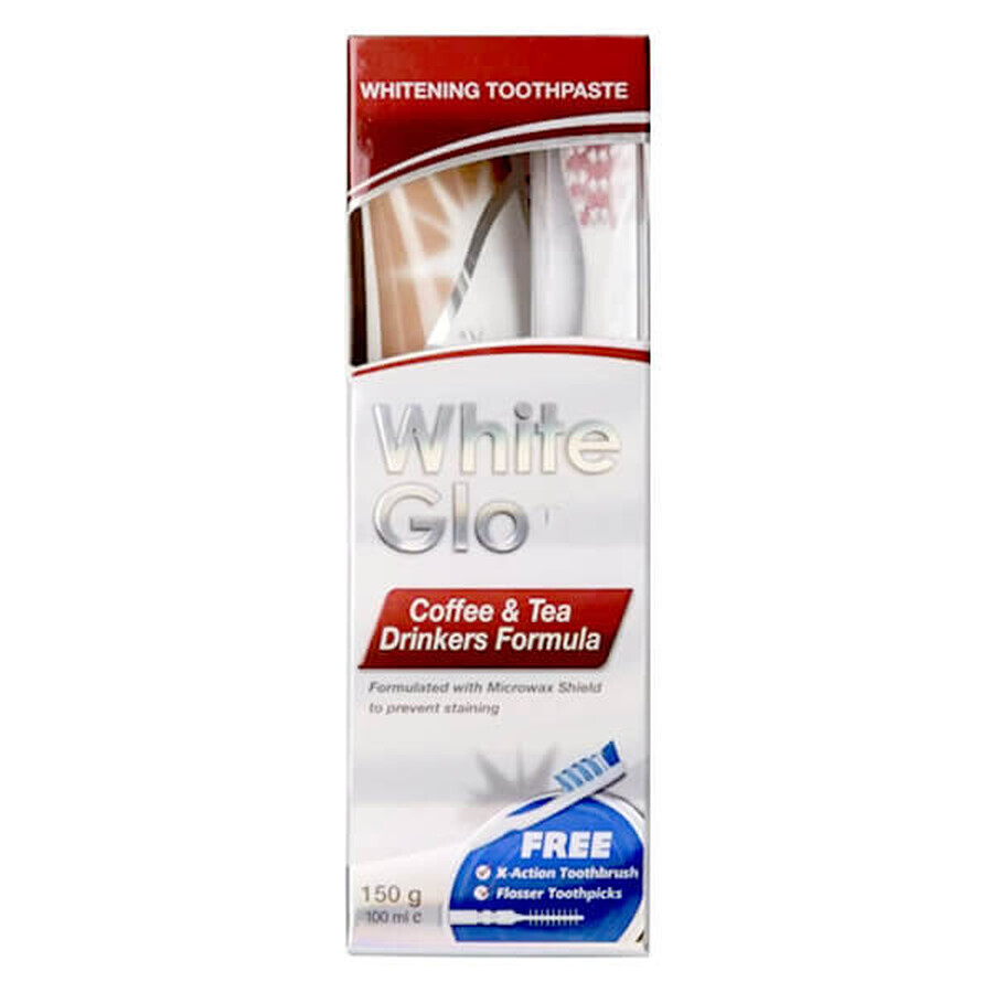 White Glo, pasta de dientes para bebedores de café y té, 100 ml + cepillo de dientes y palillos de regalo