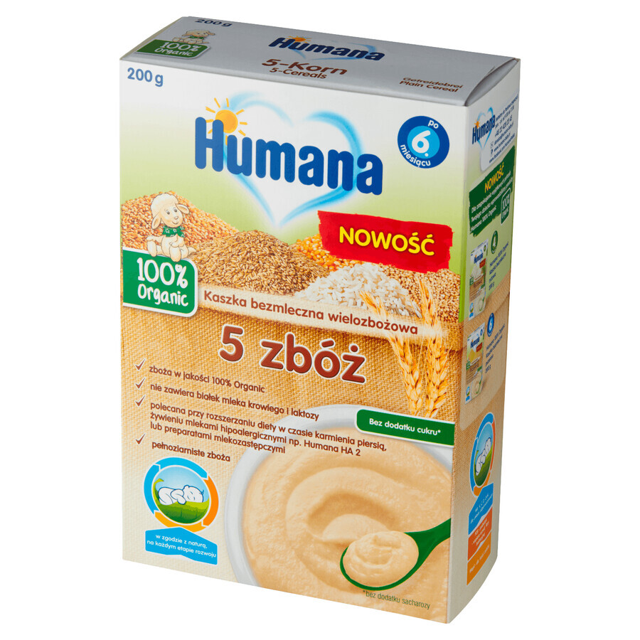 Humana Papilla de 5 cereales 100% Ecológica, sin lácteos, sin azúcares añadidos, a partir de 6 meses, 200 g