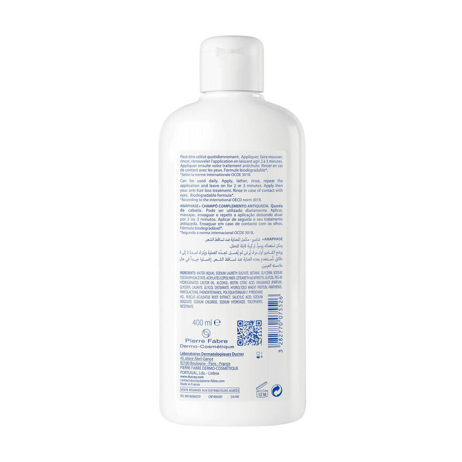 Ducray Anaphase+, champú contra la caída del cabello, fortalece y aporta volumen, 400 ml