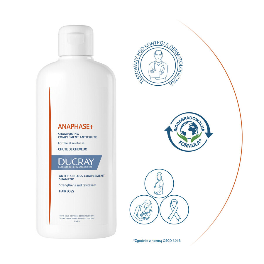 Ducray Anaphase+, champú contra la caída del cabello, fortalece y aporta volumen, 400 ml