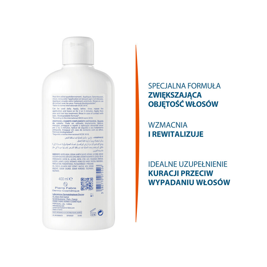 Ducray Anaphase+, champú contra la caída del cabello, fortalece y aporta volumen, 400 ml