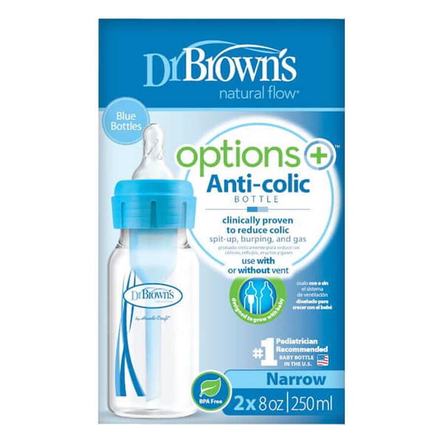 Dr Brown&#39;s Options+, Biberón anticólicos estándar con cuello estrecho y tetina tamaño 1, azul, desde el nacimiento, 2 x 250 ml