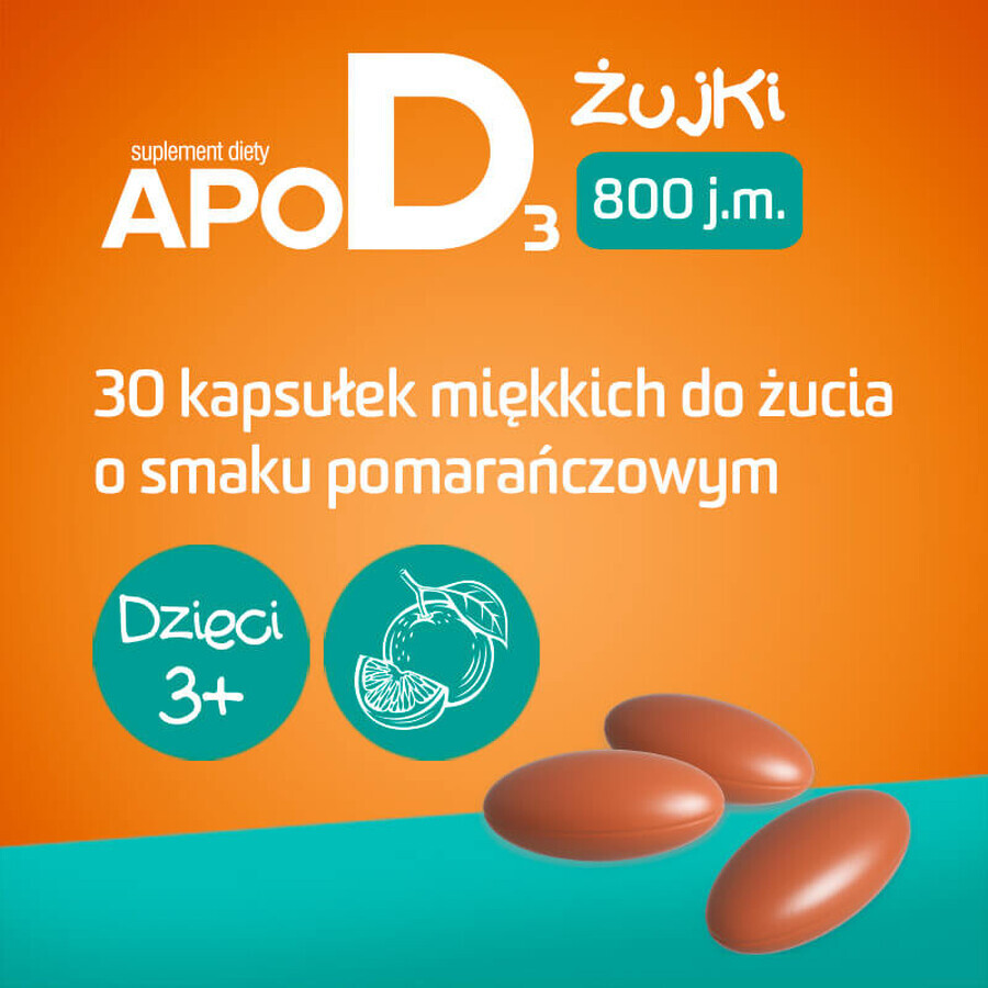 ApoD3 Żujki, vitamina D3 800 UI para niños mayores de 3 años, sabor a naranja, 30 cápsulas masticables blandas