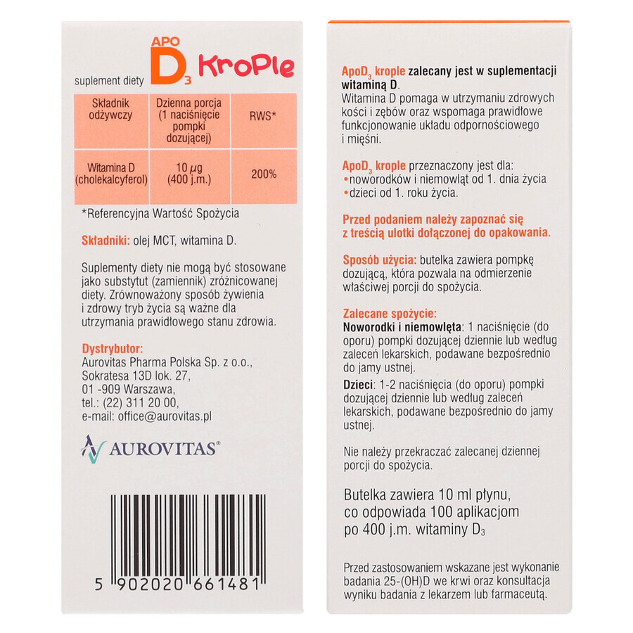 ApoD3 Gotas, vitamina D3 400 UI para bebés y niños a partir de 1 día de vida, 10 ml