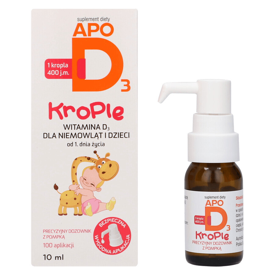 ApoD3 Gotas, vitamina D3 400 UI para bebés y niños a partir de 1 día de vida, 10 ml