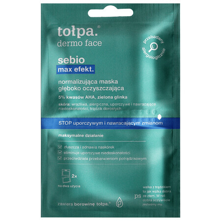 Tolpa Dermo Face Sebio Max Efekt, mascarilla de limpieza profunda normalizante, 6 ml x 2 sobres