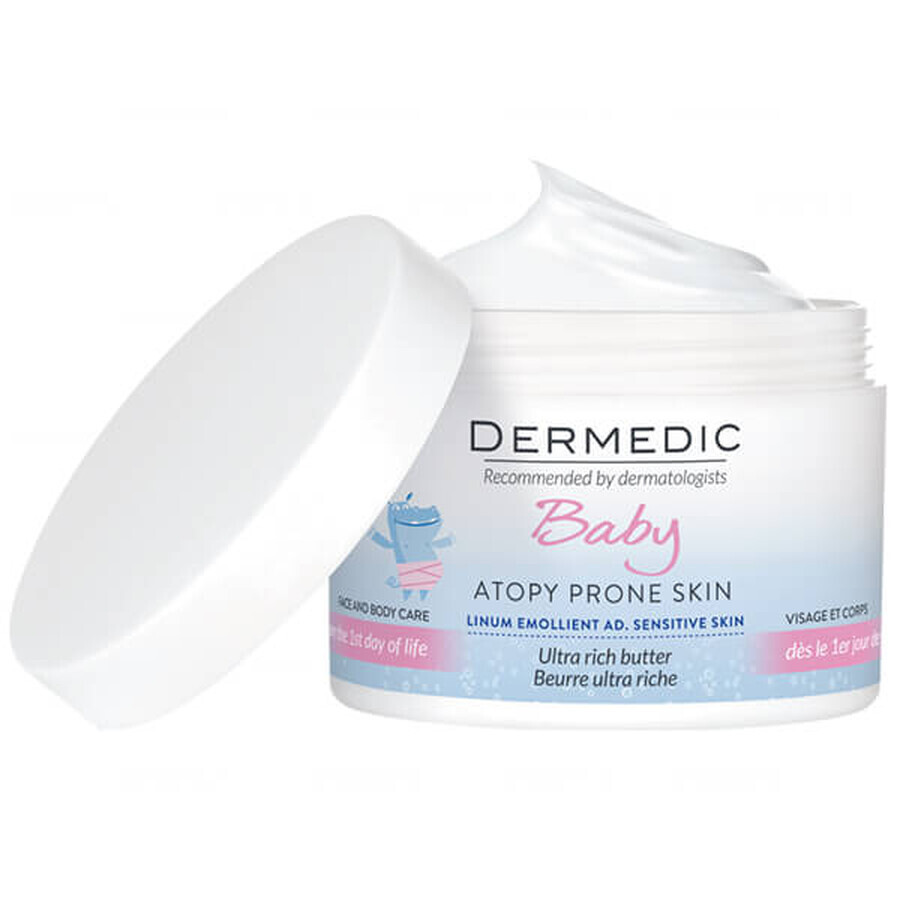 Dermedic Linum Emolient Baby, manteca hidratante intensiva para rostro y cuerpo desde el 1er día de vida, pieles secas, muy secas y atópicas, 225 g