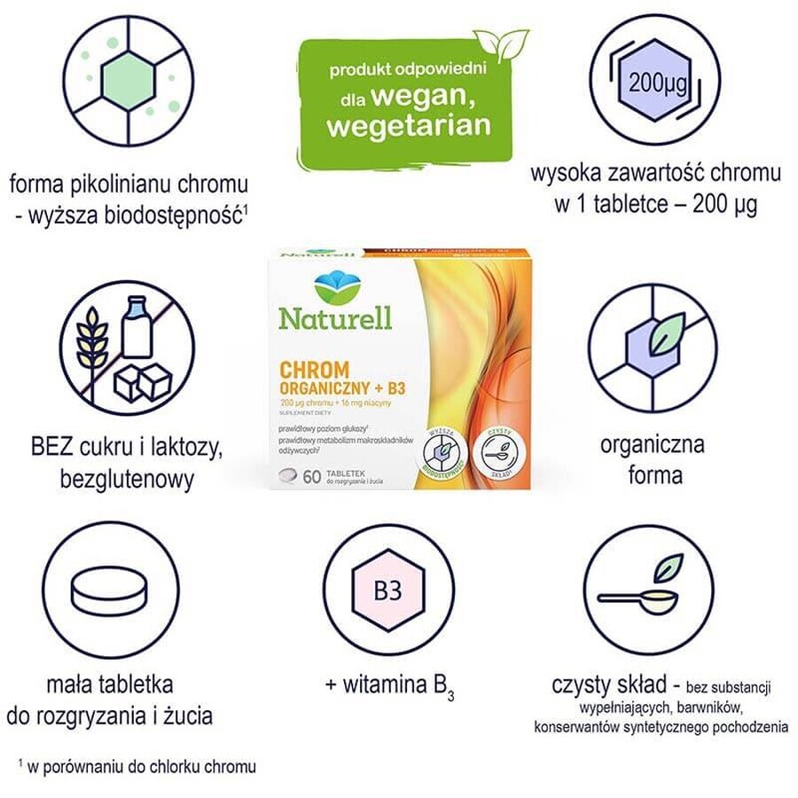 Naturell Organic Chromium + B3, 60 chewable tablets