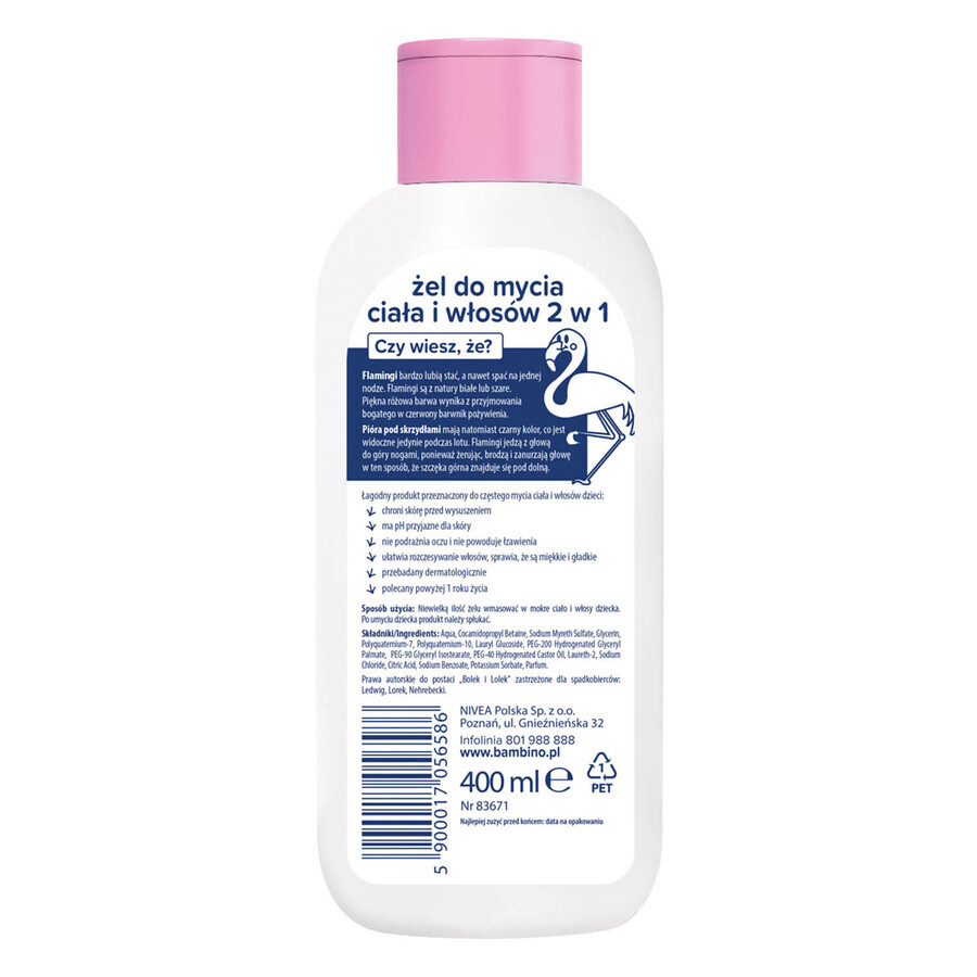 Bambino Kids, gel lavant 2-en-1 pour le corps et les cheveux, Bolek i Lolek i flamingo, dès 1 an, 400 ml