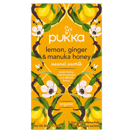 Pukka Lemon Ginger &amp; Manuka Honey Organic, tisana alla frutta e alle erbe, zenzero e limone, aromatizzata, 2 g x 20 bustine 