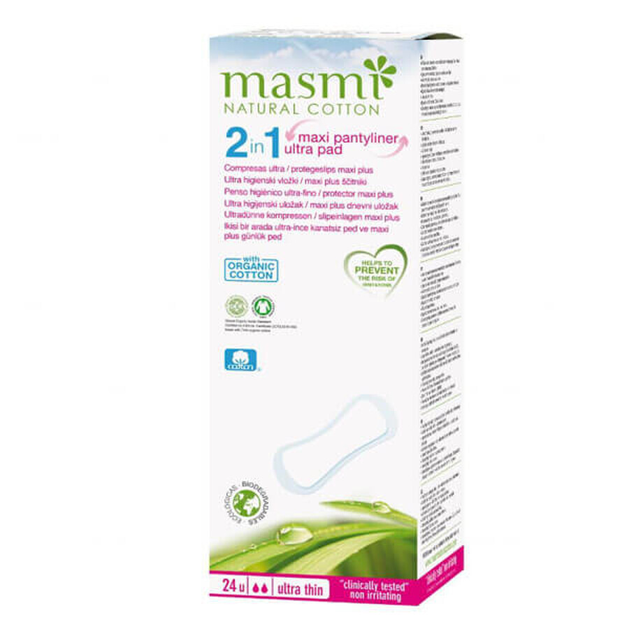 Masmi Natural Cotton, assorbenti igienici in cotone biologico, 2in1 Morbidi, ultra assorbenti, 24 pezzi