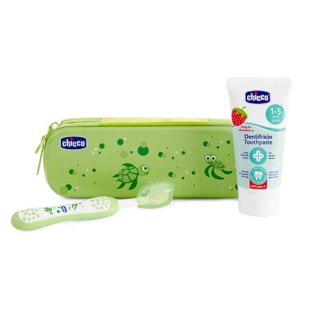 Set Chicco, cepillo de dientes + pasta de dientes, 50 ml + estuche, a partir de 12 meses, verde