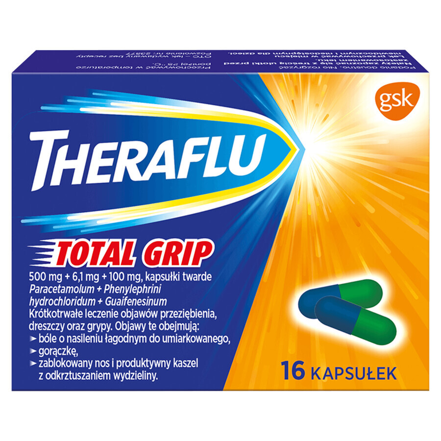 Theraflu Total Grip 500 mg + 6.1 mg + 100 mg, 16 capsules