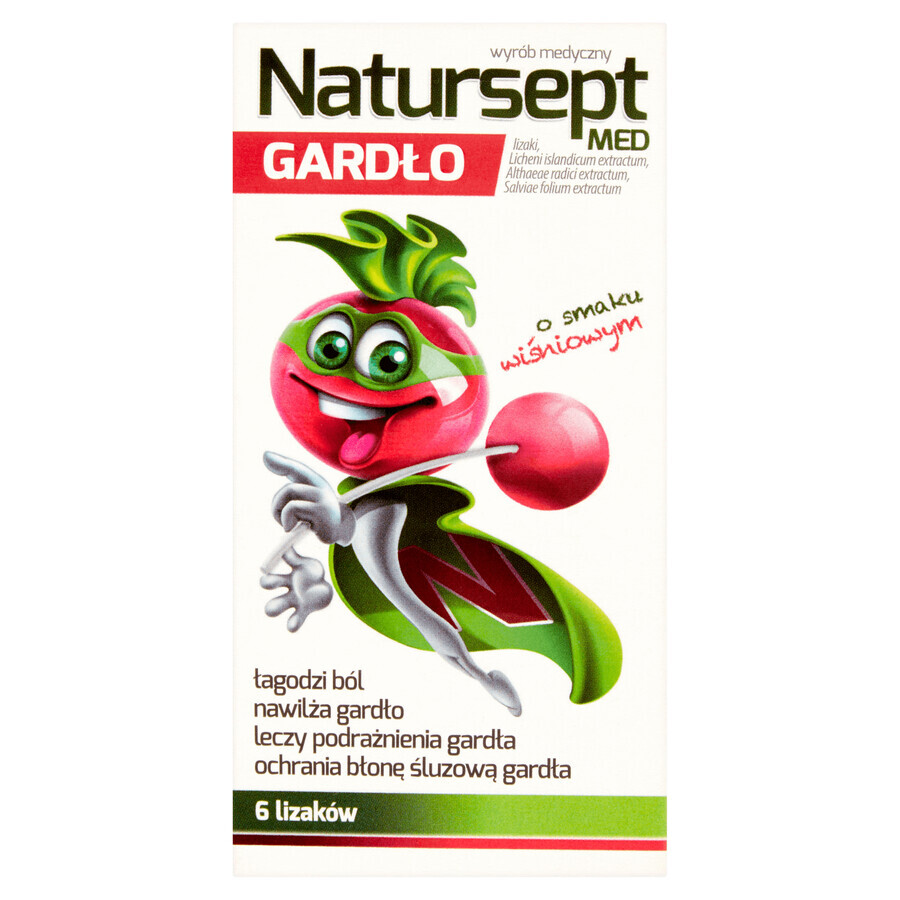 Natursept Med Garganta, piruletas, sabor cereza, 6 unidades