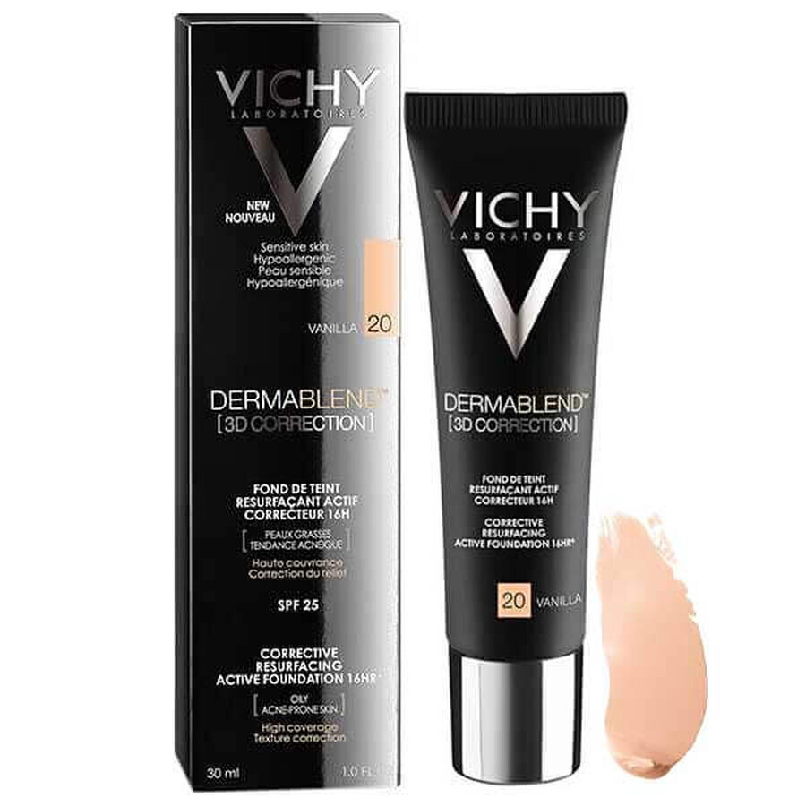 Vichy Dermablend Correction 3D, foundation for leveling the skin surface, No. 20, Vanilla, 30 ml