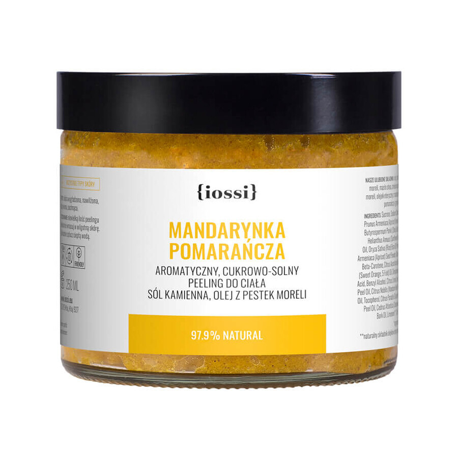 Iossi Naranja Mandarina, exfoliante corporal aromático de azúcar y sal, sal gema, aceite de hueso de albaricoque, 250 ml