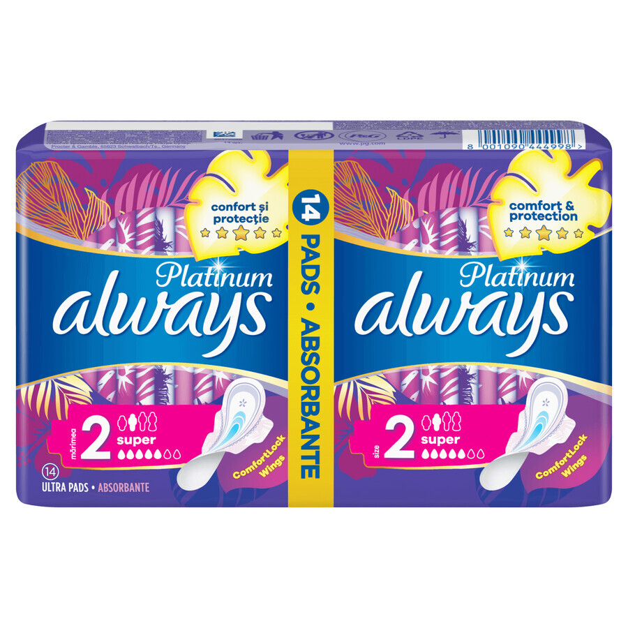 Always Platinum, Damenbinden mit Flügeln, Ultra Super Plus, 14 Stück