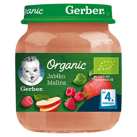 Gerber Organic, Postre, manzana y frambuesa, después de 4 meses, 125 g