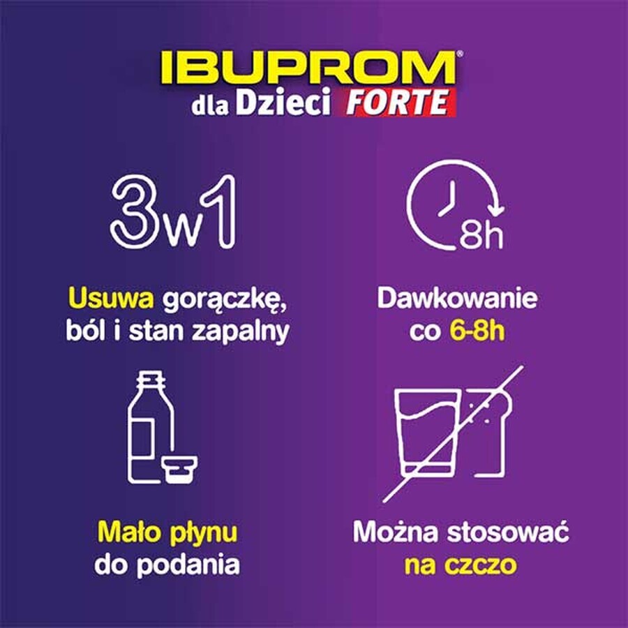 Ibuprom für Kinder Forte 200 mg/ 5ml, Suspension zum Einnehmen ab 3 Monaten, Erdbeergeschmack, 100 ml