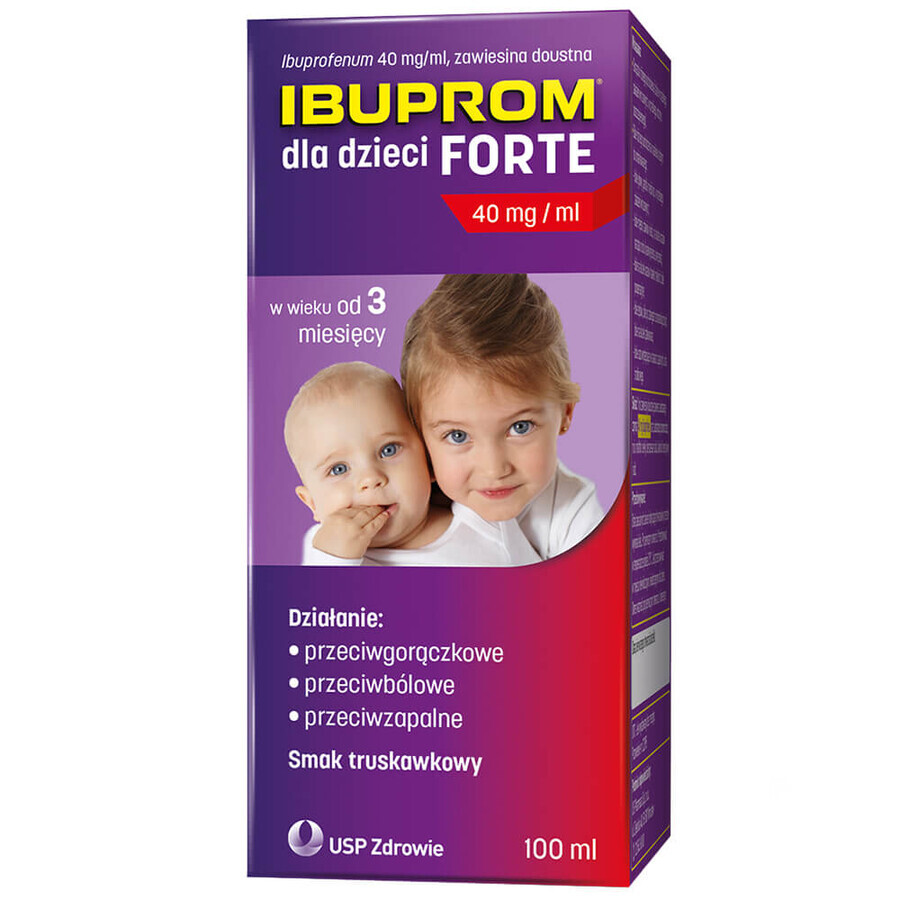 Ibuprom für Kinder Forte 200 mg/ 5ml, Suspension zum Einnehmen ab 3 Monaten, Erdbeergeschmack, 100 ml