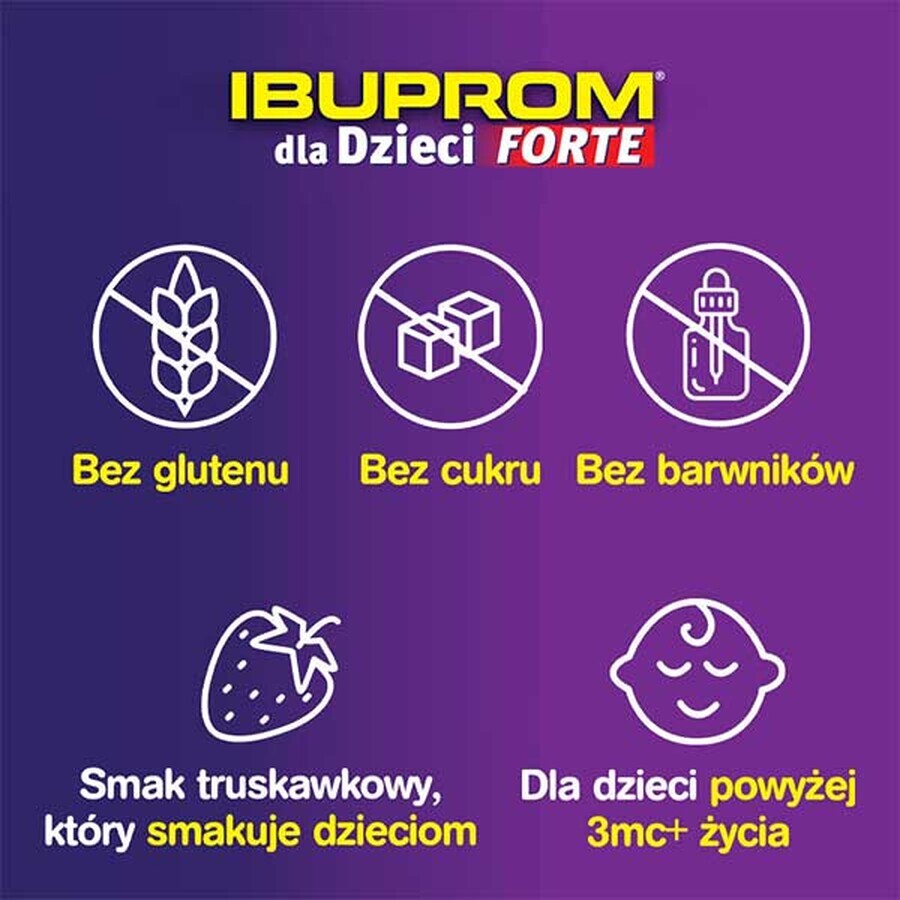 Ibuprom für Kinder Forte 200 mg/ 5ml, Suspension zum Einnehmen ab 3 Monaten, Erdbeergeschmack, 100 ml