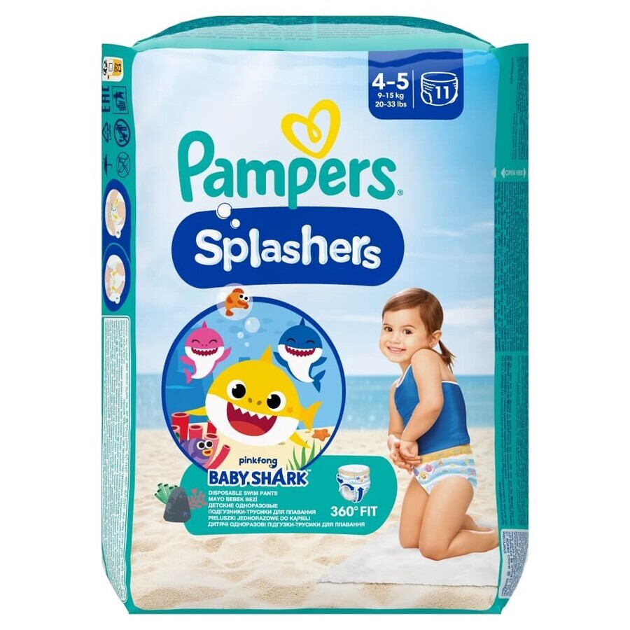 Pampers Splashers, pañales para nadar, talla 4-5, 9-15 kg, 11 piezas