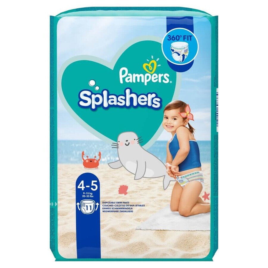 Pampers Splashers, pañales para nadar, talla 4-5, 9-15 kg, 11 piezas