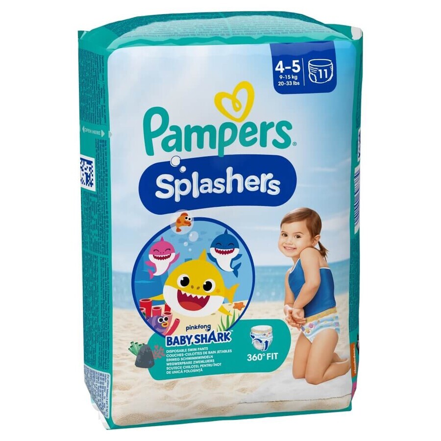 Pampers Splashers, pañales para nadar, talla 4-5, 9-15 kg, 11 piezas