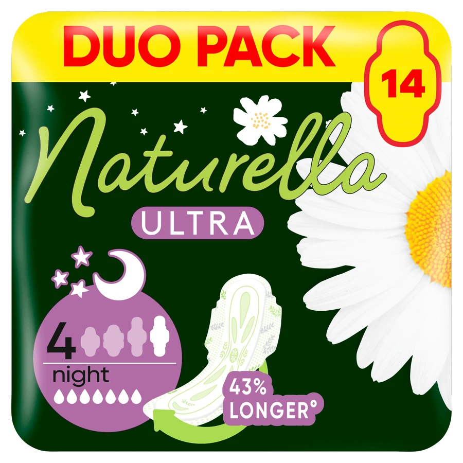 Naturella Ultra, toallas sanitarias con alas, manzanilla, Noche, 14 piezas