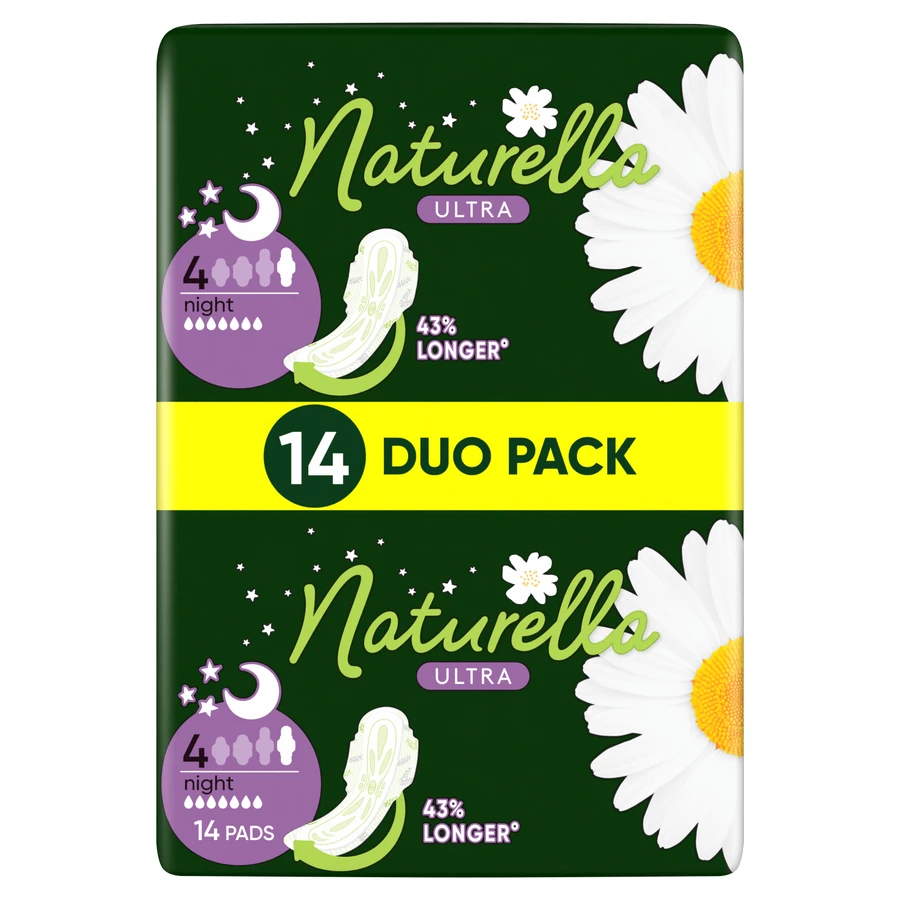 Naturella Ultra, toallas sanitarias con alas, manzanilla, Noche, 14 piezas