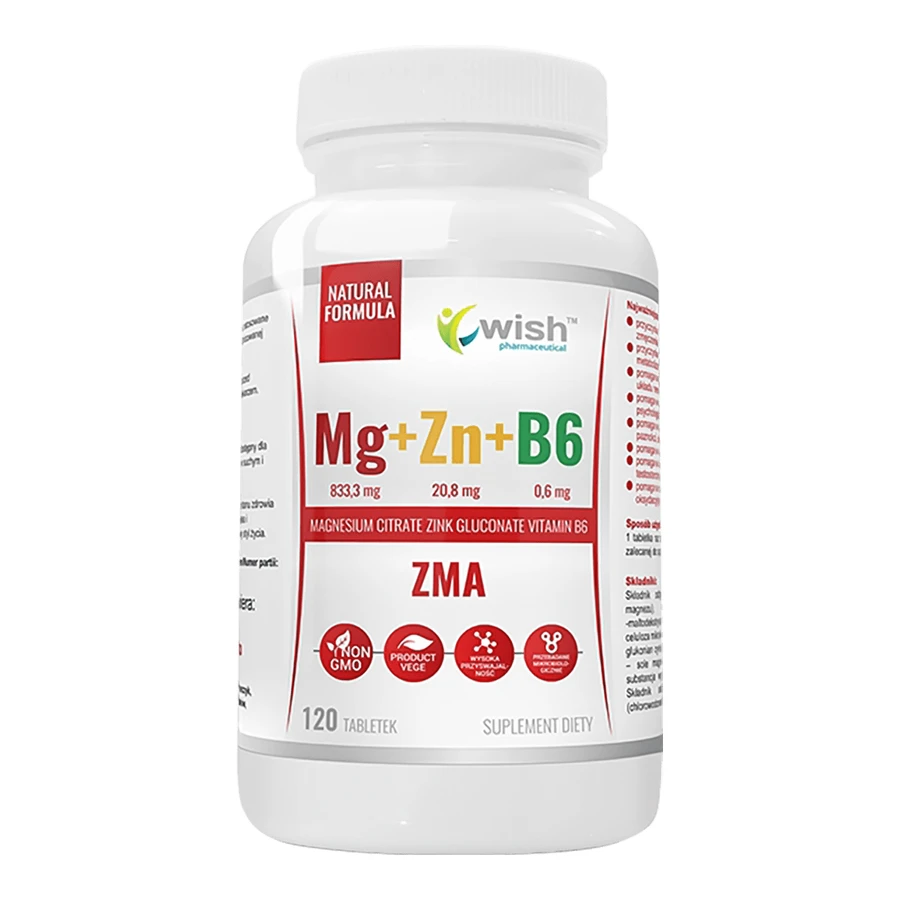 Wish Mg + Zn + B6 ZMA, magnesium, zinc, vitamin B6, 120 tablets