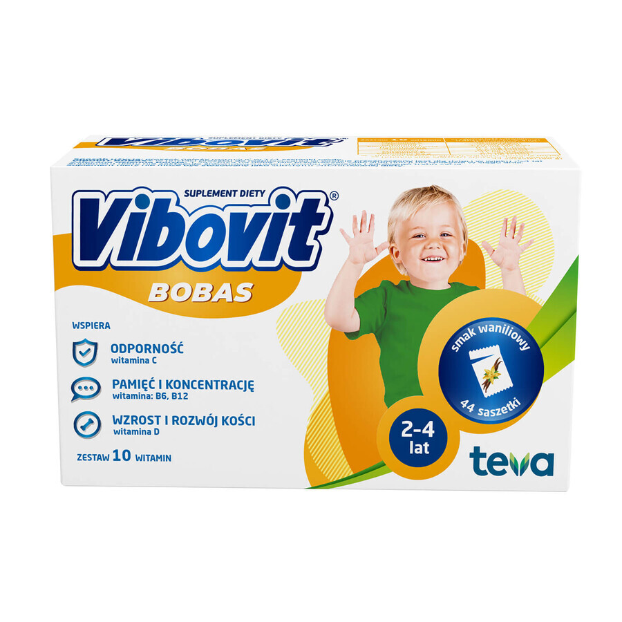 Vibovit Bobas, para niños de 2 a 4 años, sabor vainilla, 44 sobres