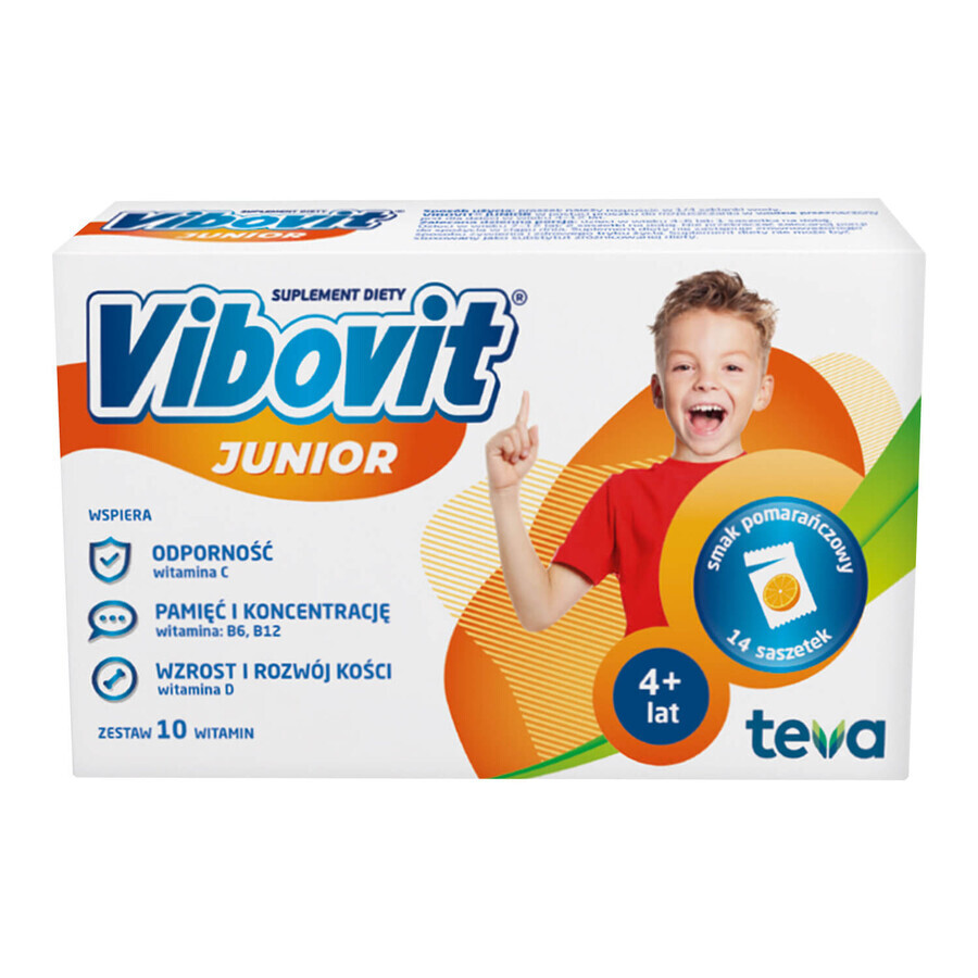 Vibovit Junior, para niños de 4 a 12 años, sabor naranja, 14 sobres