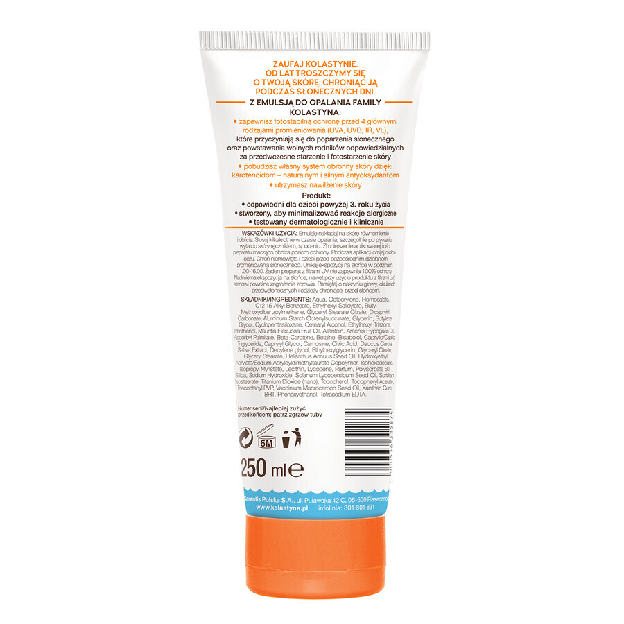 Kolastyna Family, emulsión bronceadora, para niños y adultos, SPF 30, 250 ml