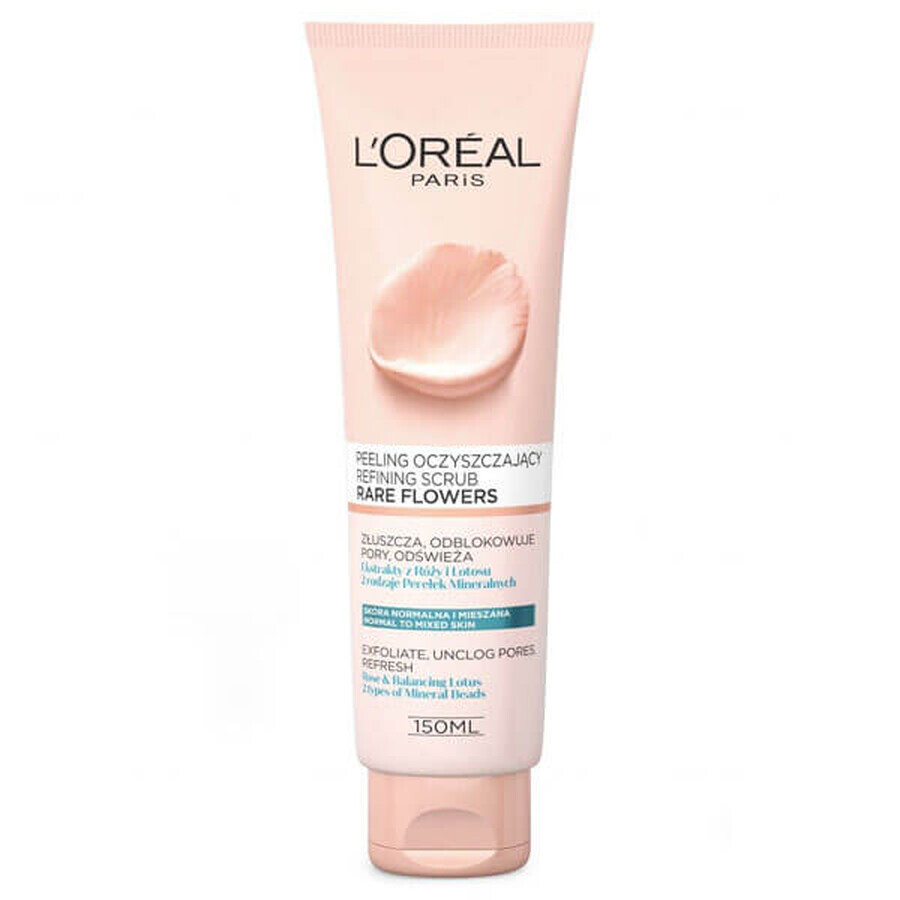 L'Oreal Rare Flowers, exfoliante facial limpiador con extractos de rosa y loto, 150 ml