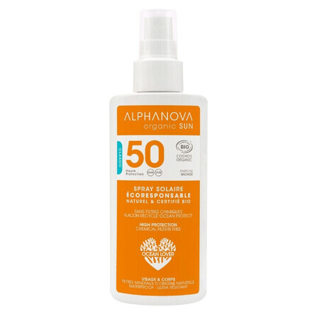 Alphanova Sun Bio, spray de protección solar, hipoalergénico, SPF 50, 125 g