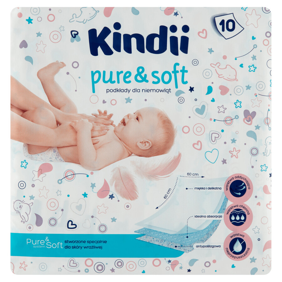 Kindii Pure & Soft, absorbentes para bebés, desechables, 60 cm x 60 cm, 10 unidades