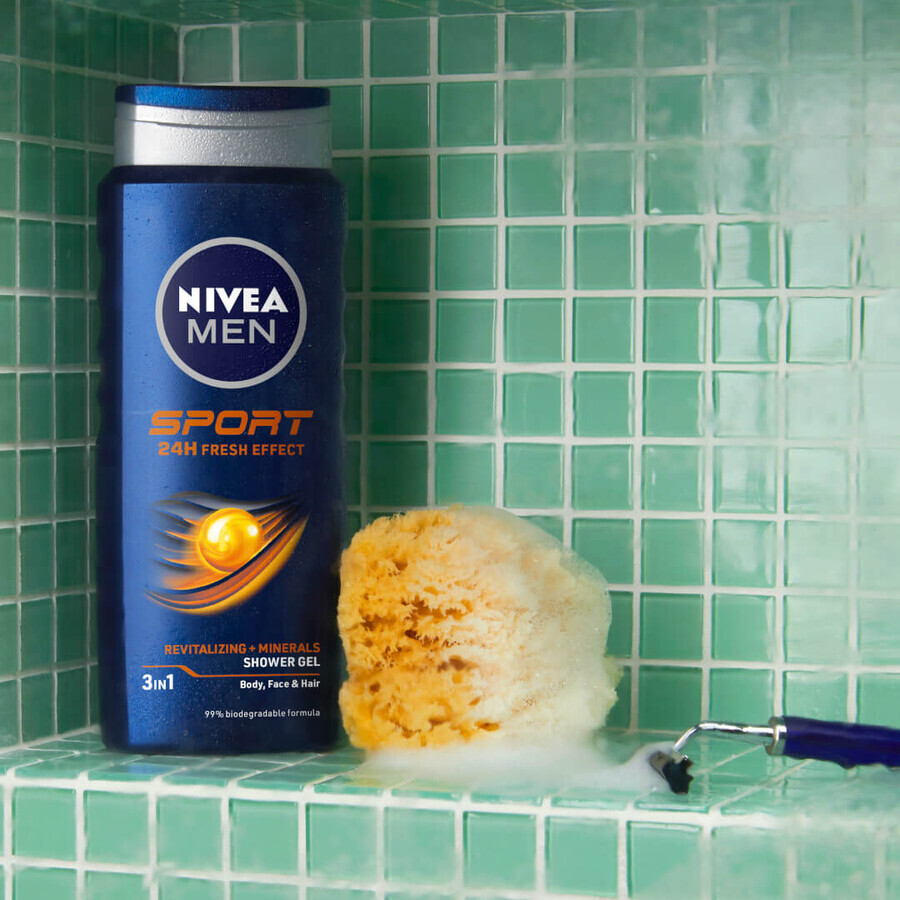 Nivea Men, Gel de duș 3 în 1 pentru față, corp și păr, Sport, 250 ml