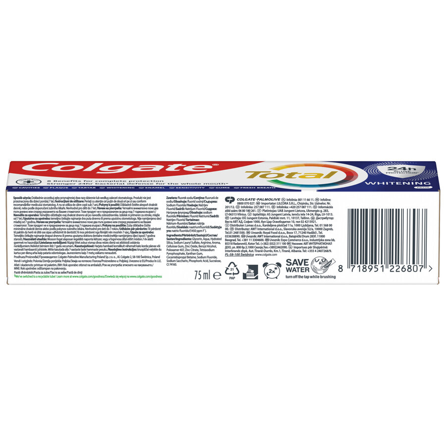 Colgate Total Whitening, pasta de dientes, blanqueadora, 75 ml