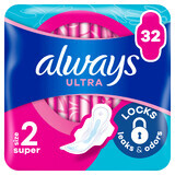 Always Ultra, toallas sanitarias con alas, talla 2, Super, 32 piezas