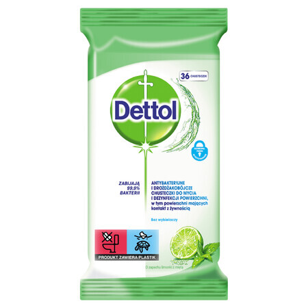 Dettol, toallitas antibacterianas y levuricidas para limpiar y desinfectar superficies, lima y menta, 36 piezas