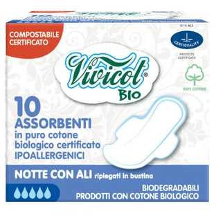 Vivicot Bio, șervețele sanitare din bumbac organic, cu aripi, compostabile, pentru noapte, 10 bucăți