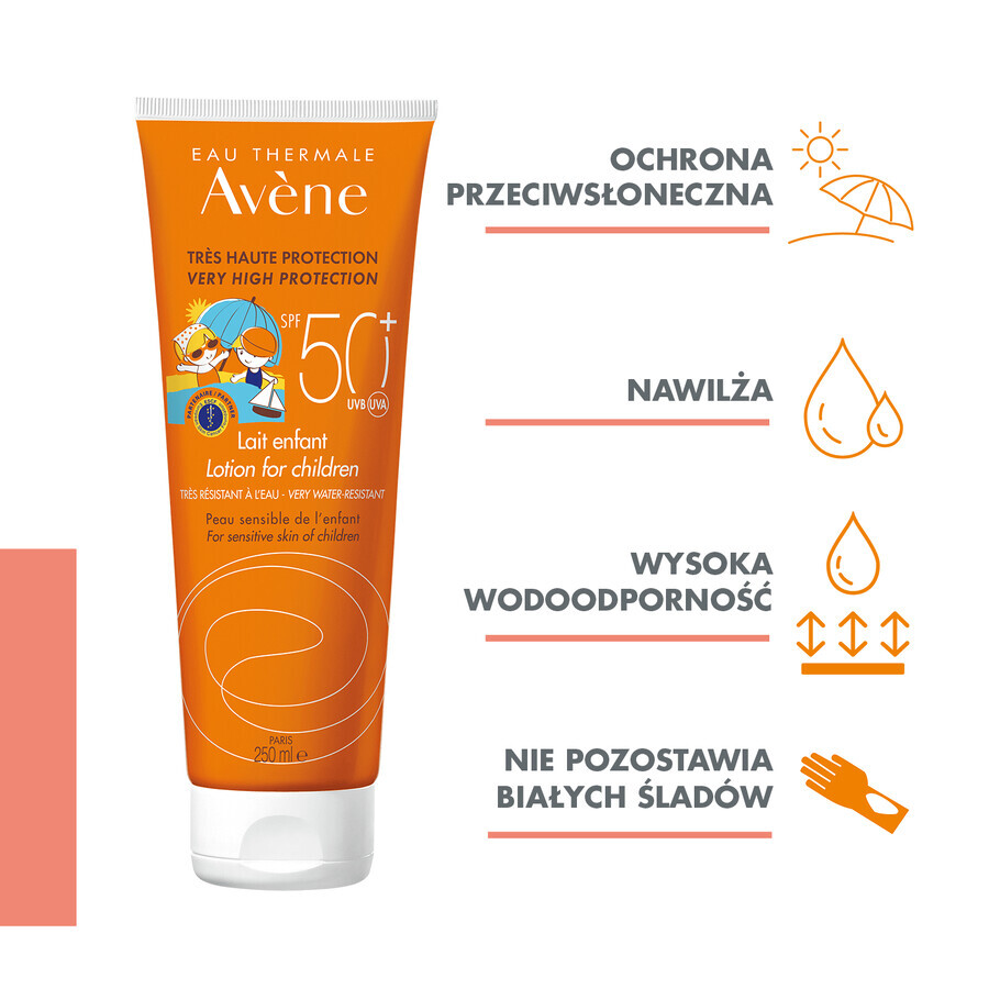 Avene Sun, leche protectora para rostro y cuerpo para niños, pieles sensibles, SPF50+, 250 ml