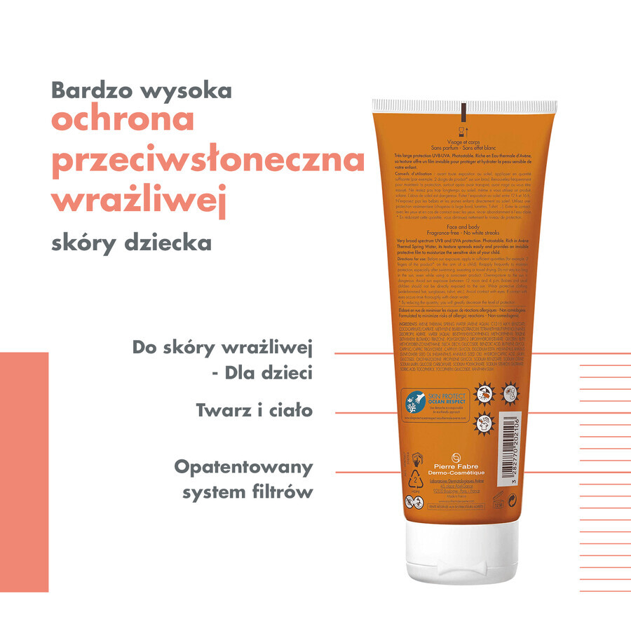 Avene Sun, leche protectora para rostro y cuerpo para niños, pieles sensibles, SPF50+, 250 ml