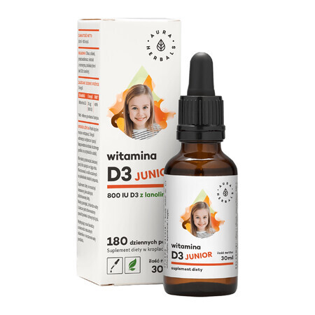 Aura Herbals, Vitamina D3 Junior 800 UI, gotas, 30 ml