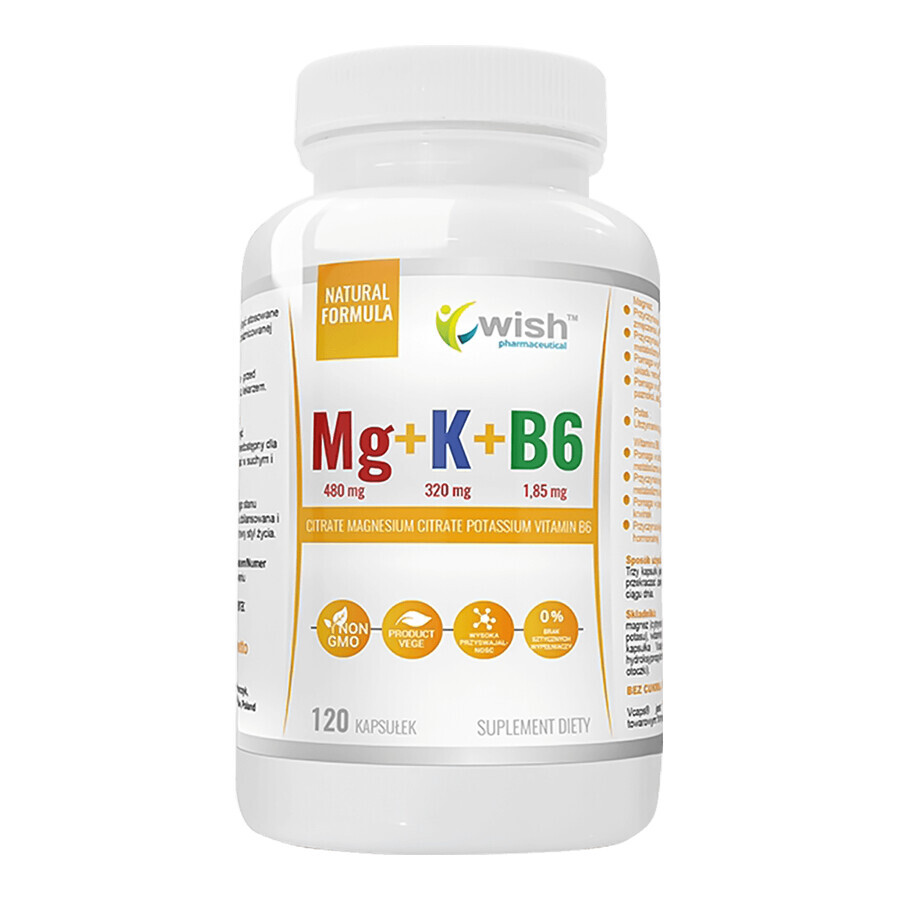 Wish Mg+K+B6, magnesio, potasio, vitamina B6, 120 cápsulas