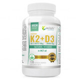 Wish, Vitamina K2 MK-7 Natto 100 µg + Vitamina D3 2000 UI 50 mcg + Aceite MCT, 120 cápsulas