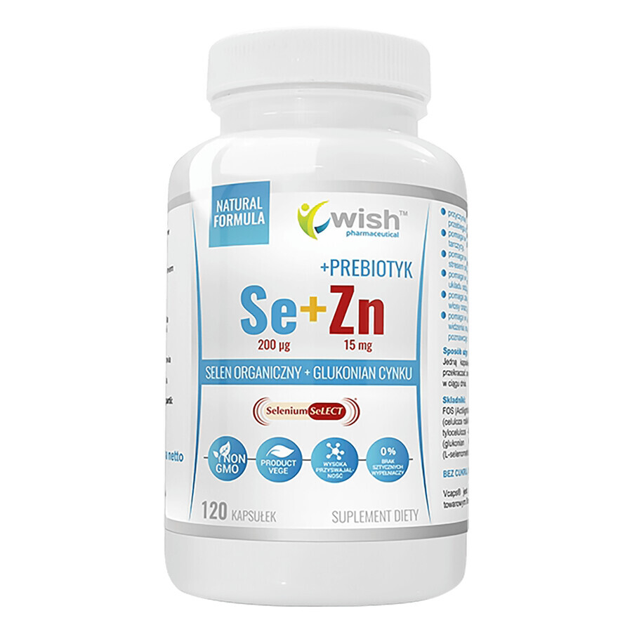 Wish, Selenio Orgánico 200 µg + Gluconato de Zinc 15 mg + Prebiótico, 120 cápsulas