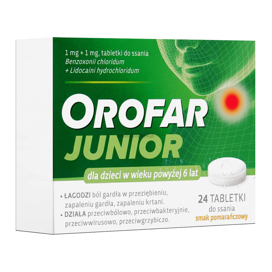 Orofar Junior 1 mg + 1 mg, para niños mayores de 6 años, sabor naranja, 24 pastillas