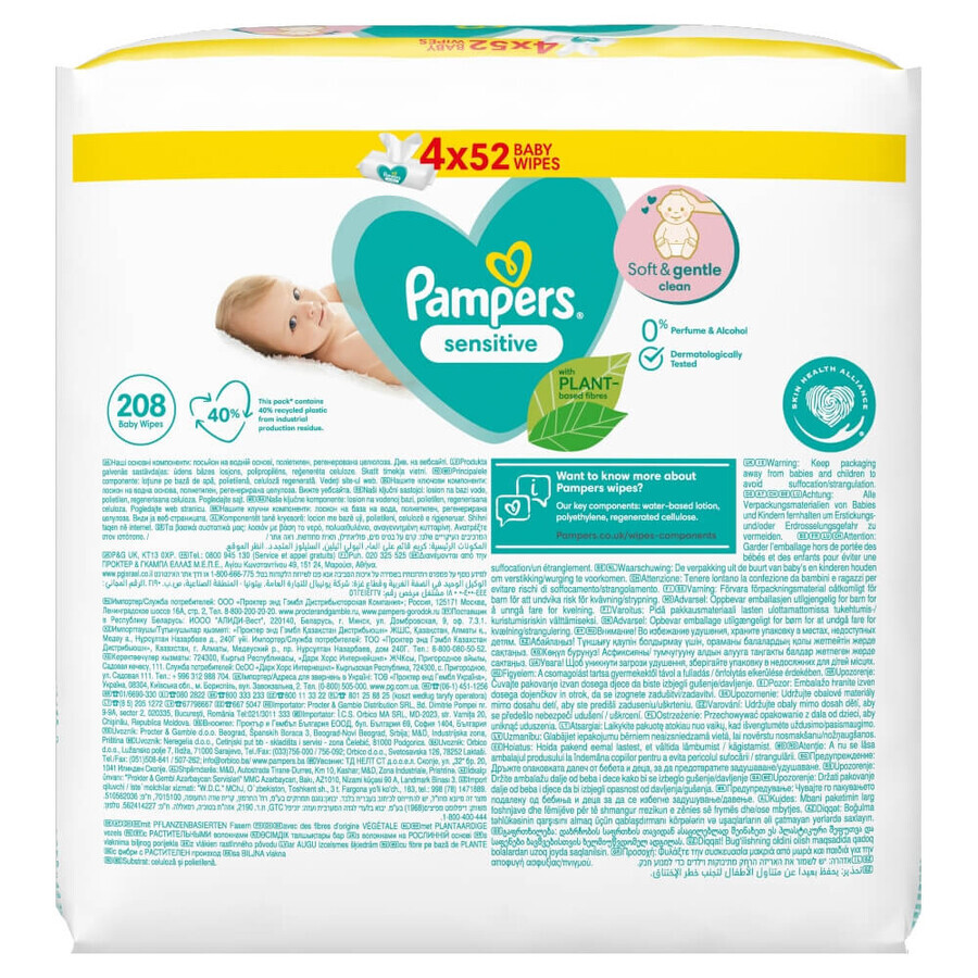 Pampers Sensitive, toallitas húmedas, 4 x 52 piezas